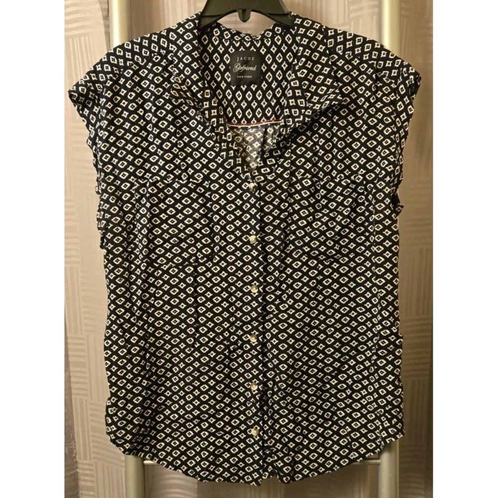 JACHS GIRLFRIEND Blouse SIZE XL Blue Diamond Cap Sleeve Button Up Top